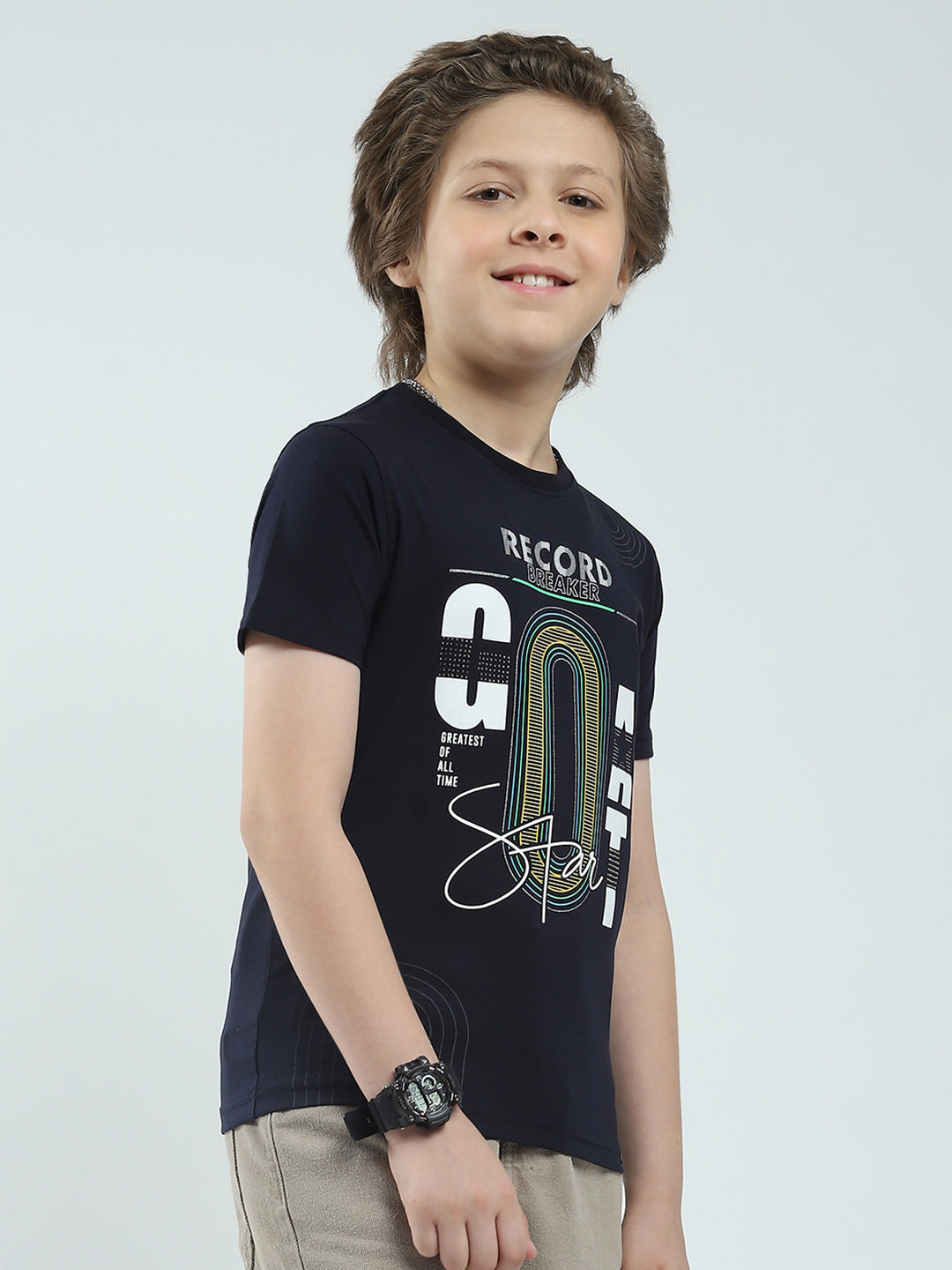 Boys Navy Blue Printed Round Neck Half Sleeve T-Shirt