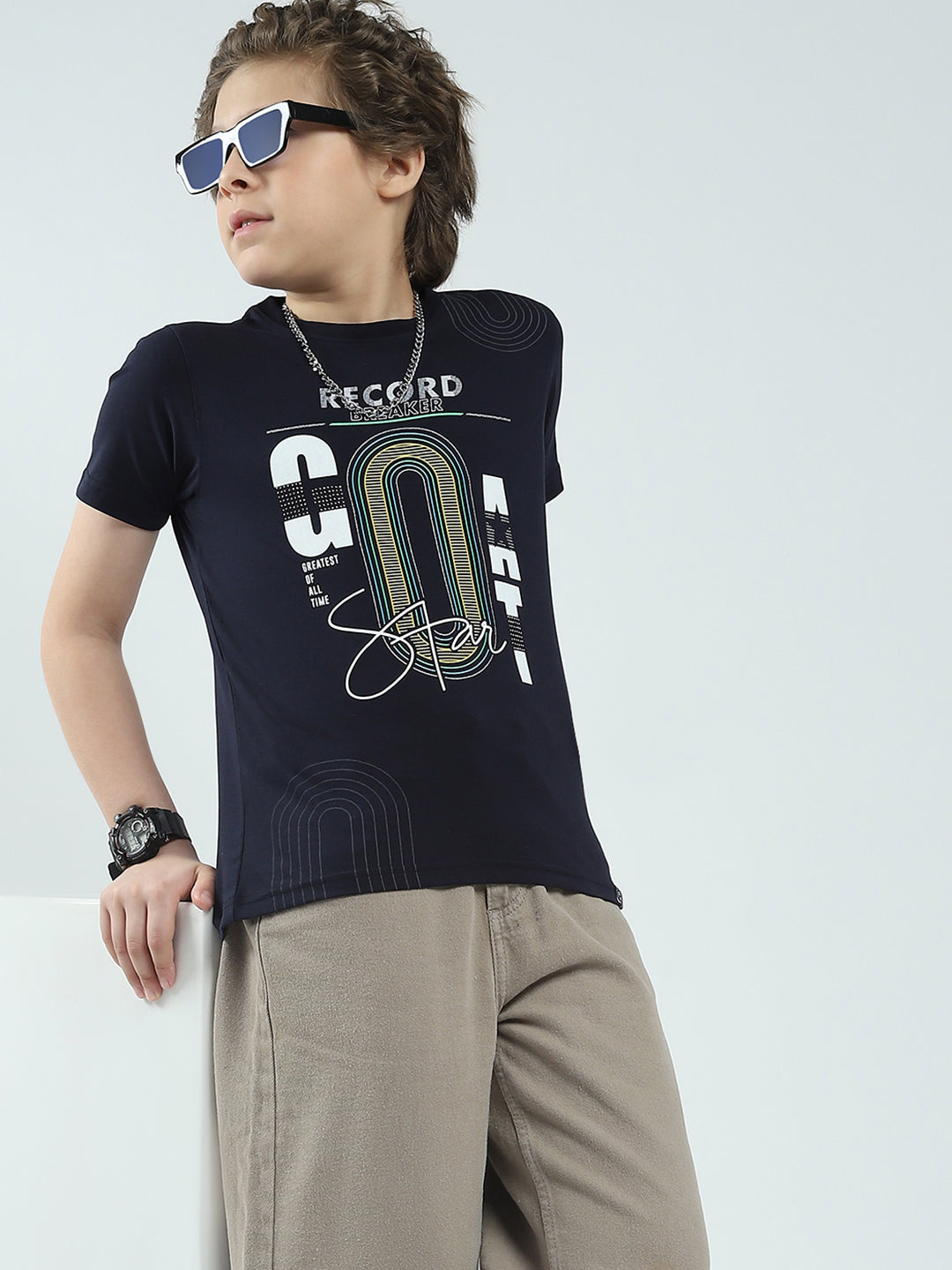 Boys Navy Blue Printed Round Neck Half Sleeve T-Shirt