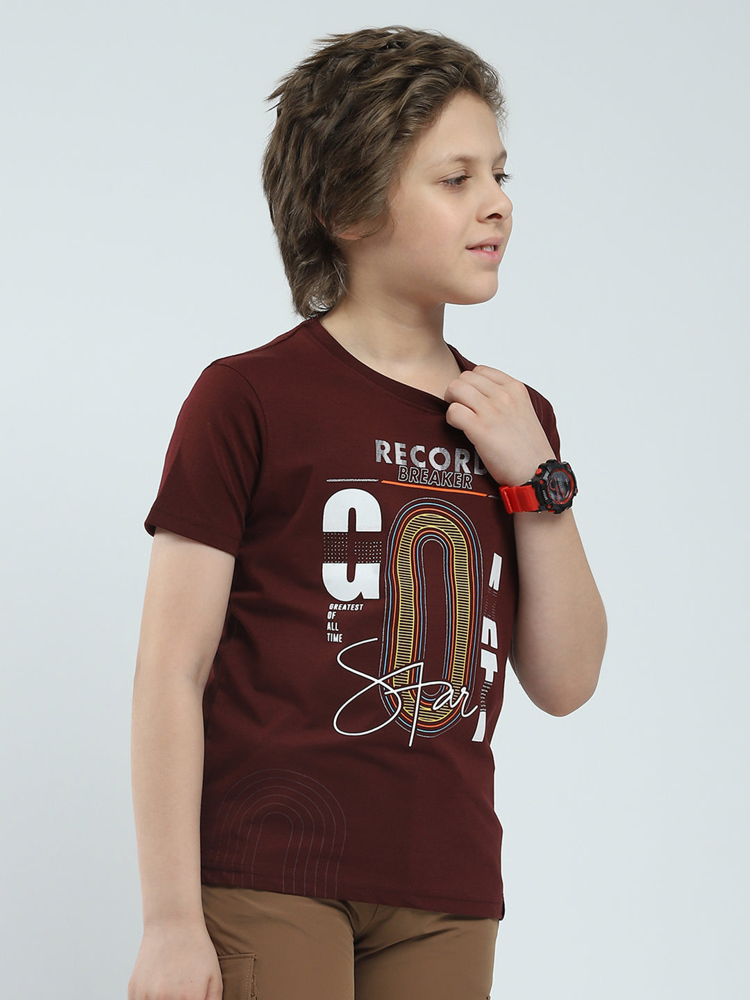 Boys Maroon Printed Round Neck Half Sleeve T-Shirt