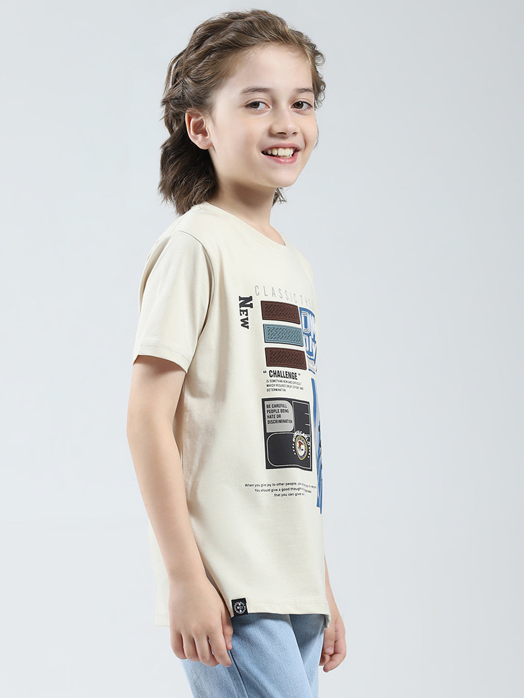 Boys Beige Printed Round Neck Half Sleeve T-Shirt