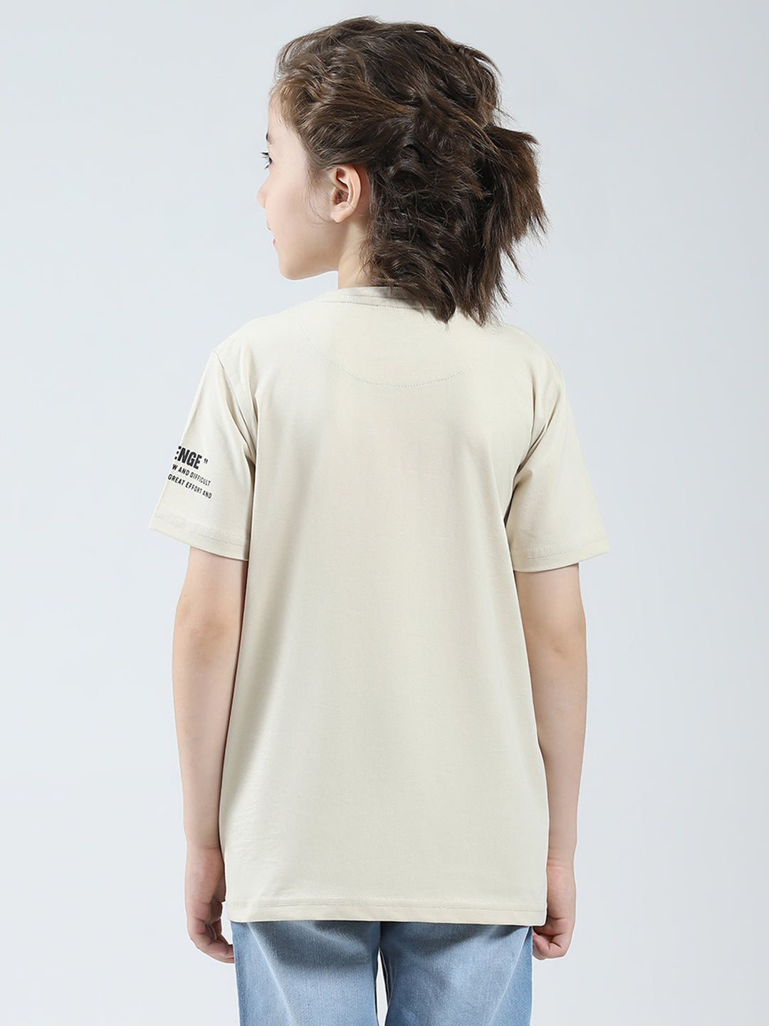 Boys Beige Printed Round Neck Half Sleeve T-Shirt