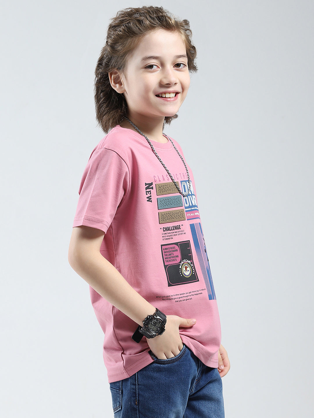 Boys Pink Printed Round Neck Half Sleeve T-Shirt