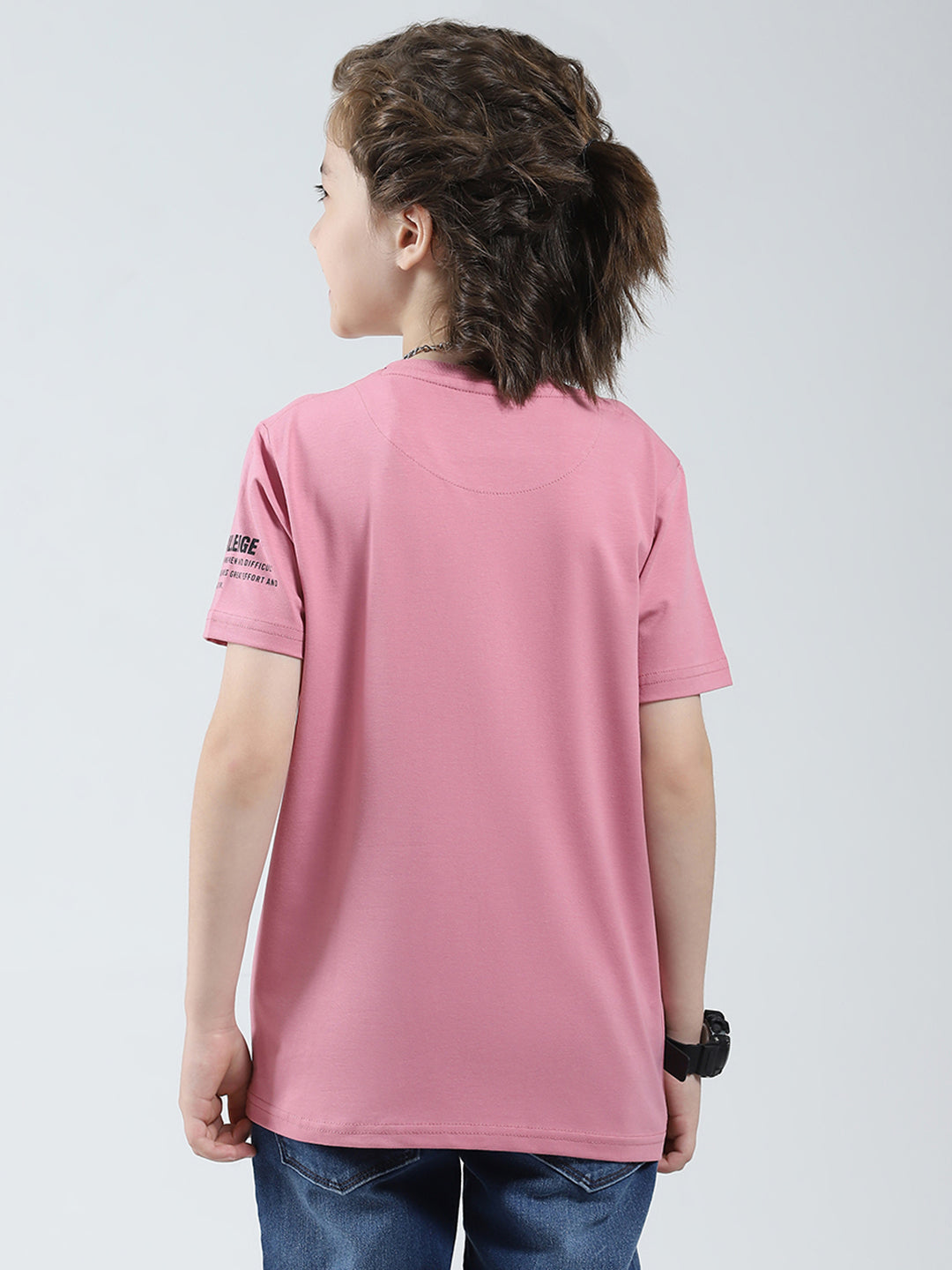 Boys Pink Printed Round Neck Half Sleeve T-Shirt