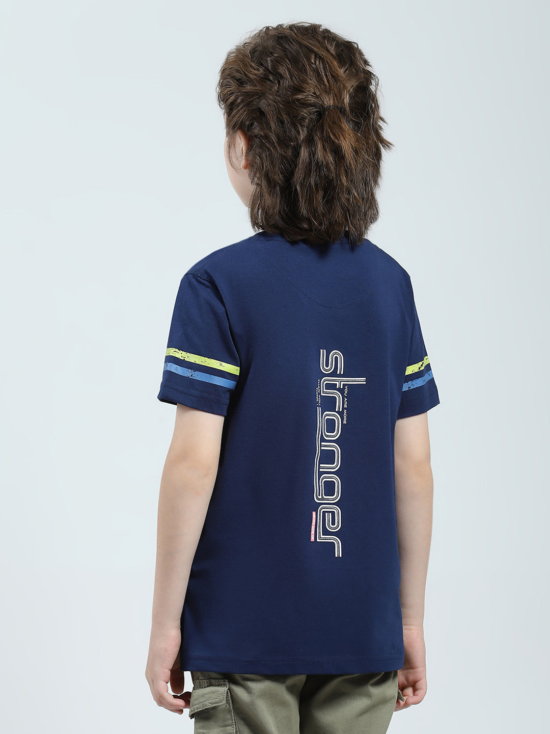 Boys Navy Blue Printed Round Neck Half Sleeve T-Shirt