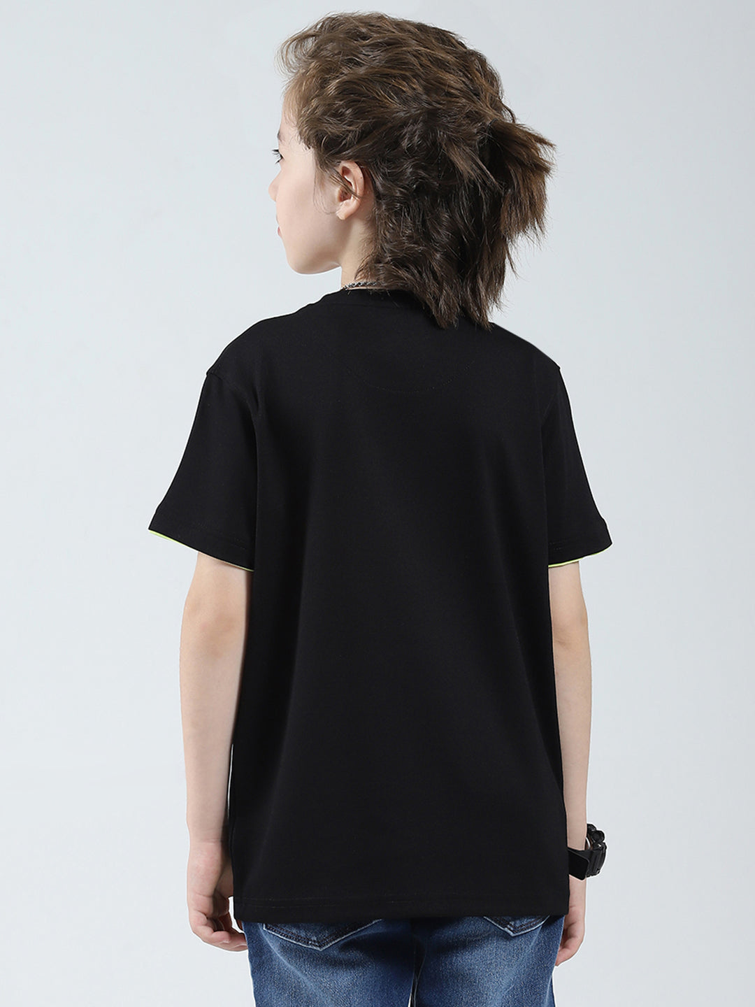 Boys Black Printed Round Neck Half Sleeve T-Shirt