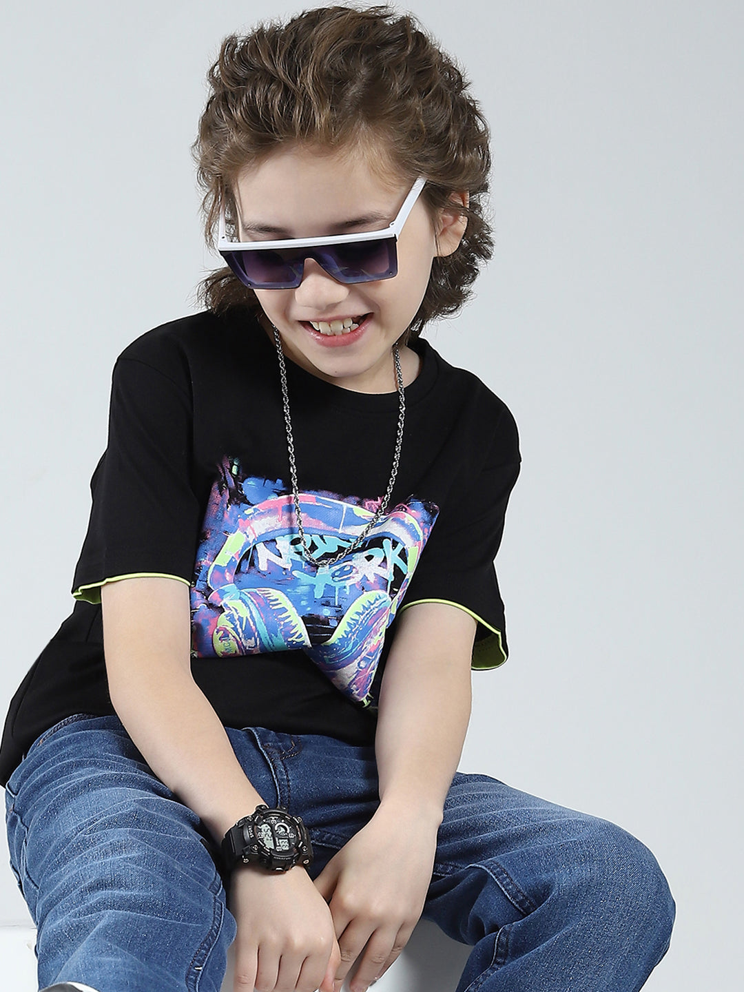 Boys Black Printed Round Neck Half Sleeve T-Shirt