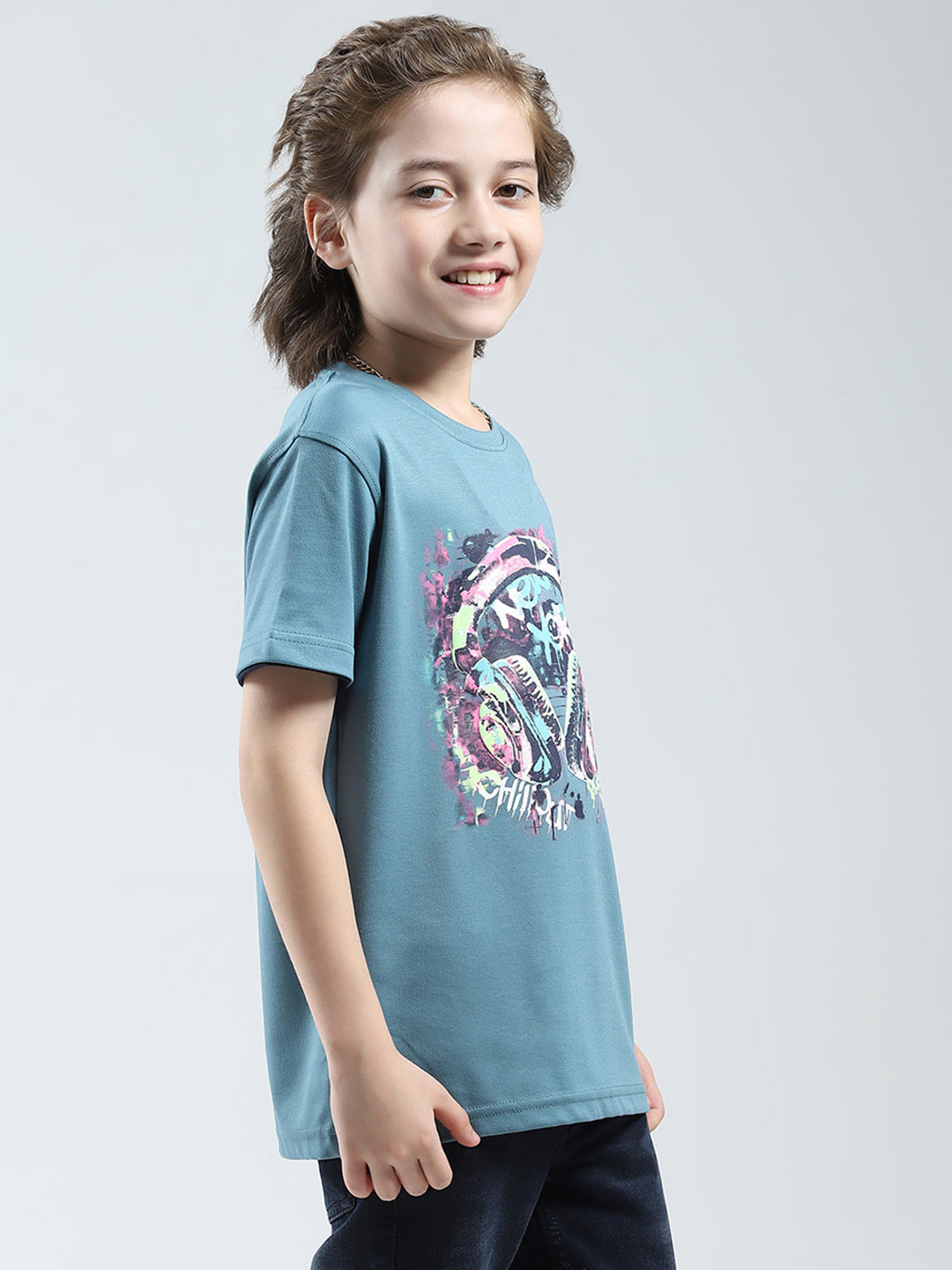 Boys Blue Printed Round Neck Half Sleeve T-Shirt