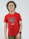 Boys Red Printed Round Neck Half Sleeve T-Shirt