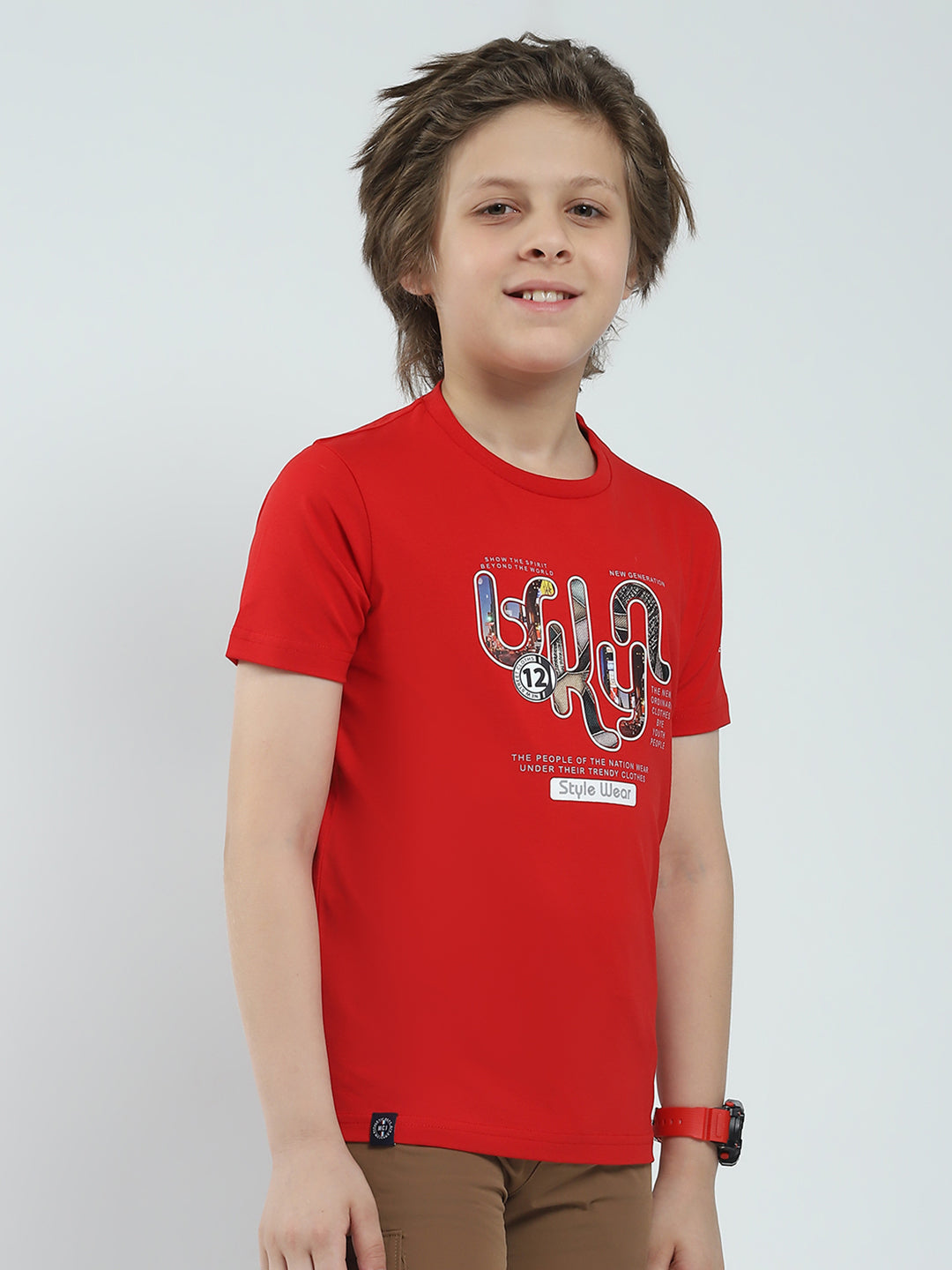 Boys Red Printed Round Neck Half Sleeve T-Shirt
