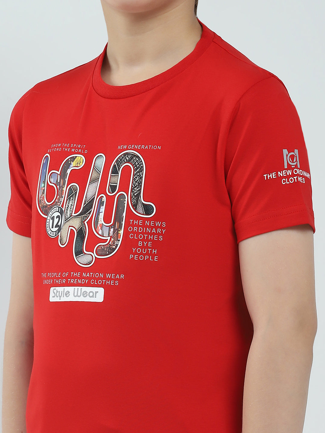 Boys Red Printed Round Neck Half Sleeve T-Shirt