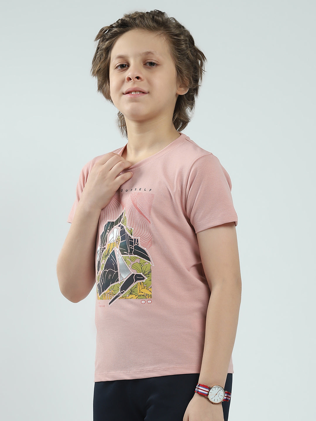 Boys Pink Printed Round Neck Half Sleeve T-Shirt