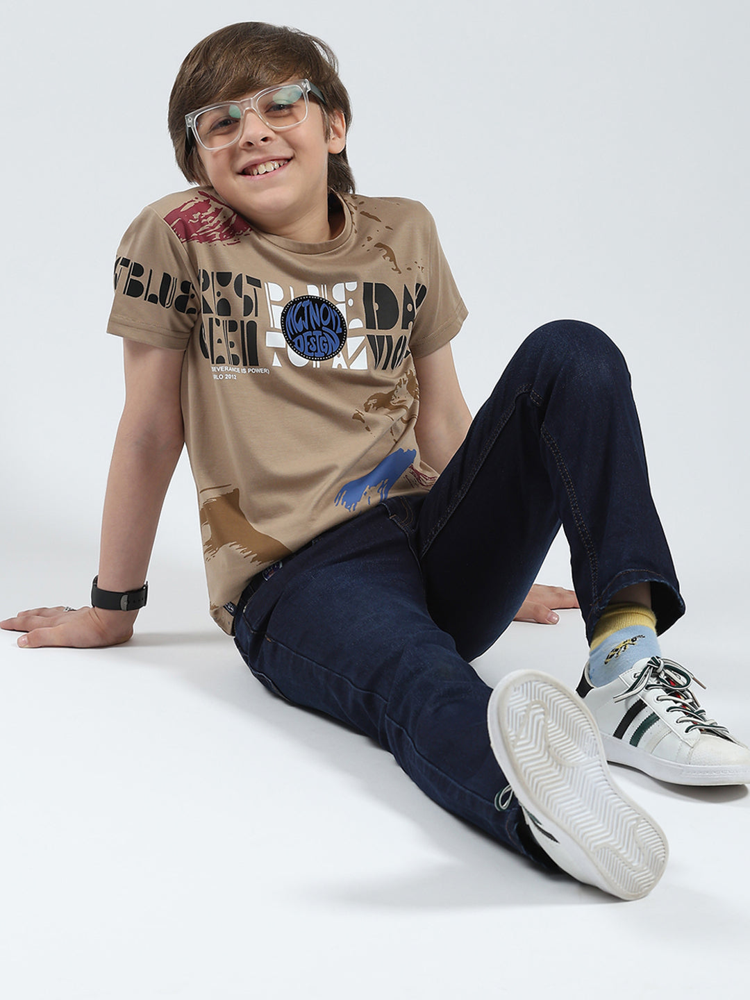 Boys Beige Printed Round Neck Half Sleeve T-Shirt