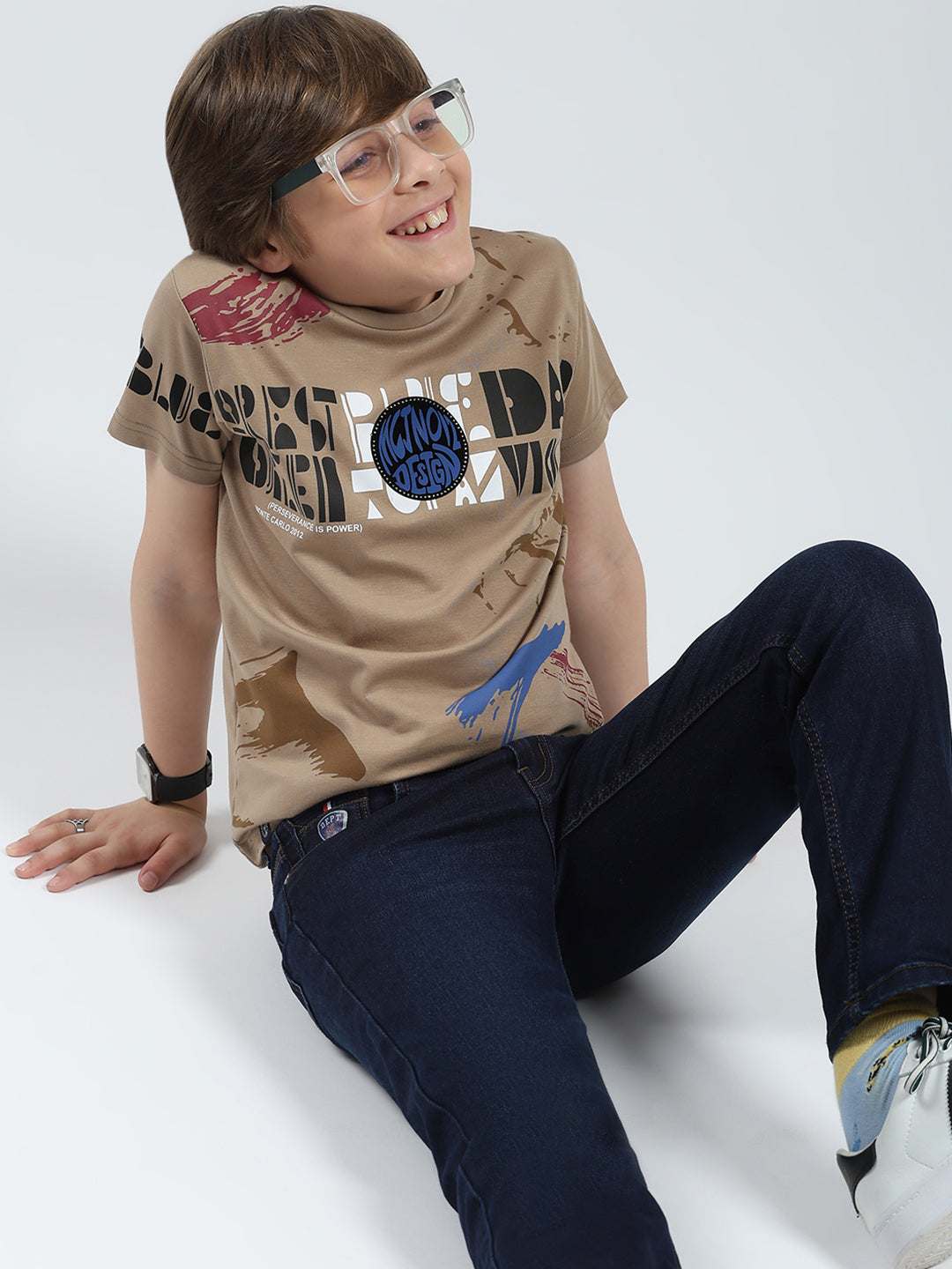 Boys Beige Printed Round Neck Half Sleeve T-Shirt