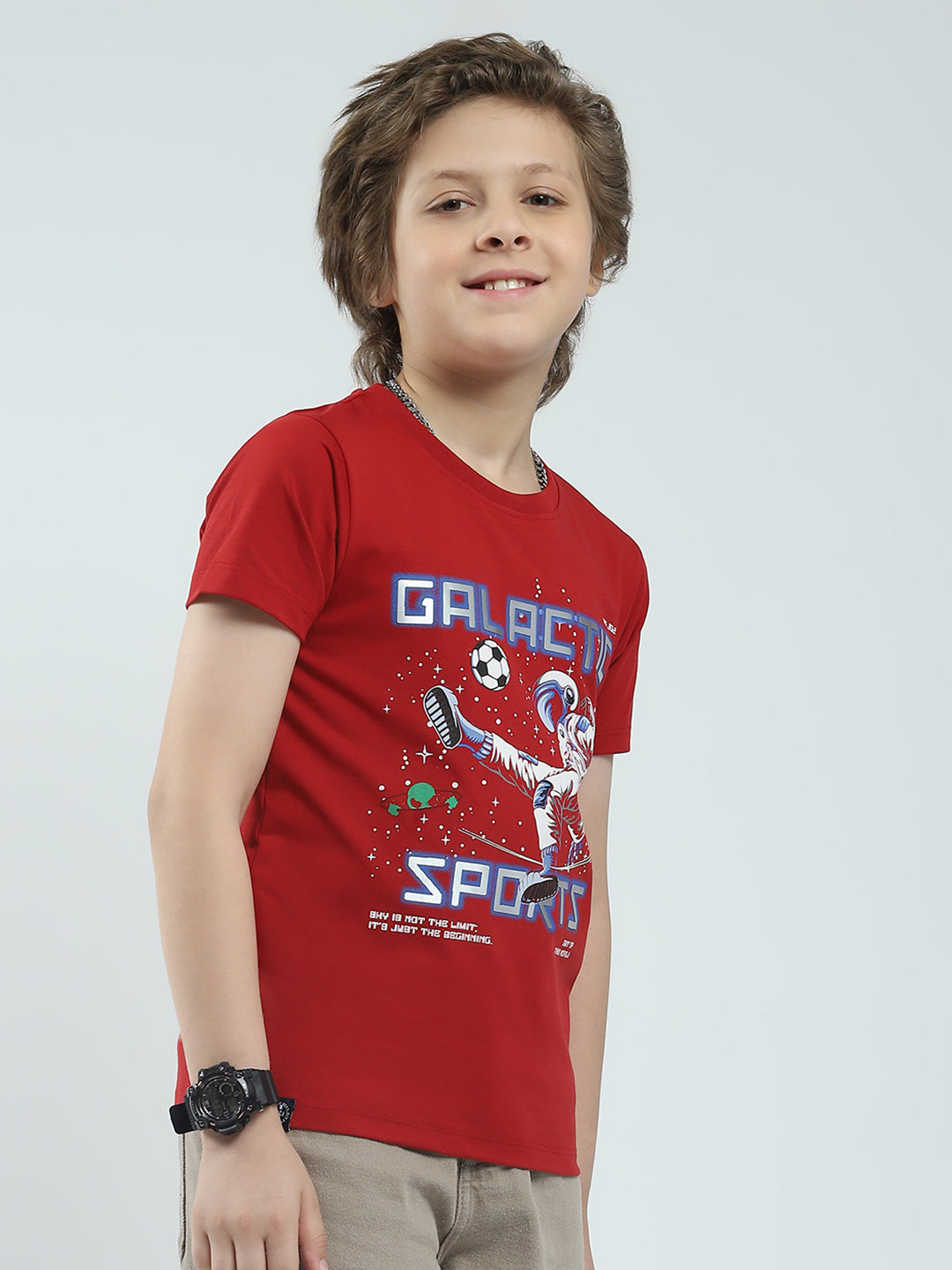 Boys Red Printed Round Neck Half Sleeve T-Shirt