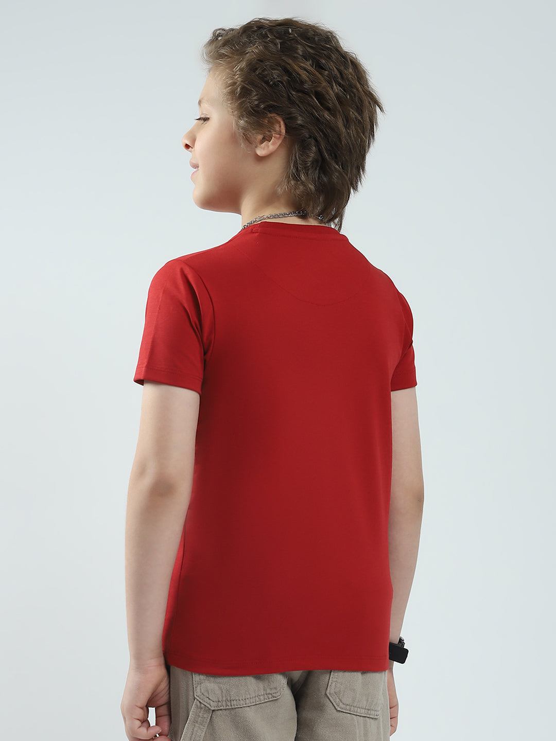 Boys Red Printed Round Neck Half Sleeve T-Shirt