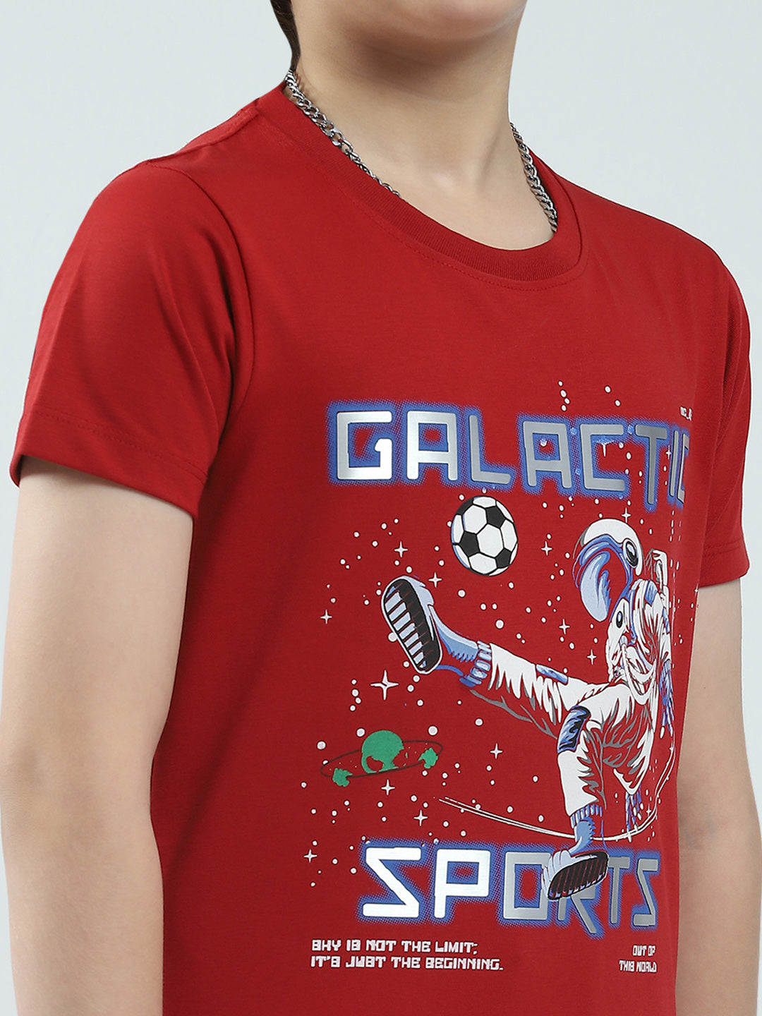 Boys Red Printed Round Neck Half Sleeve T-Shirt