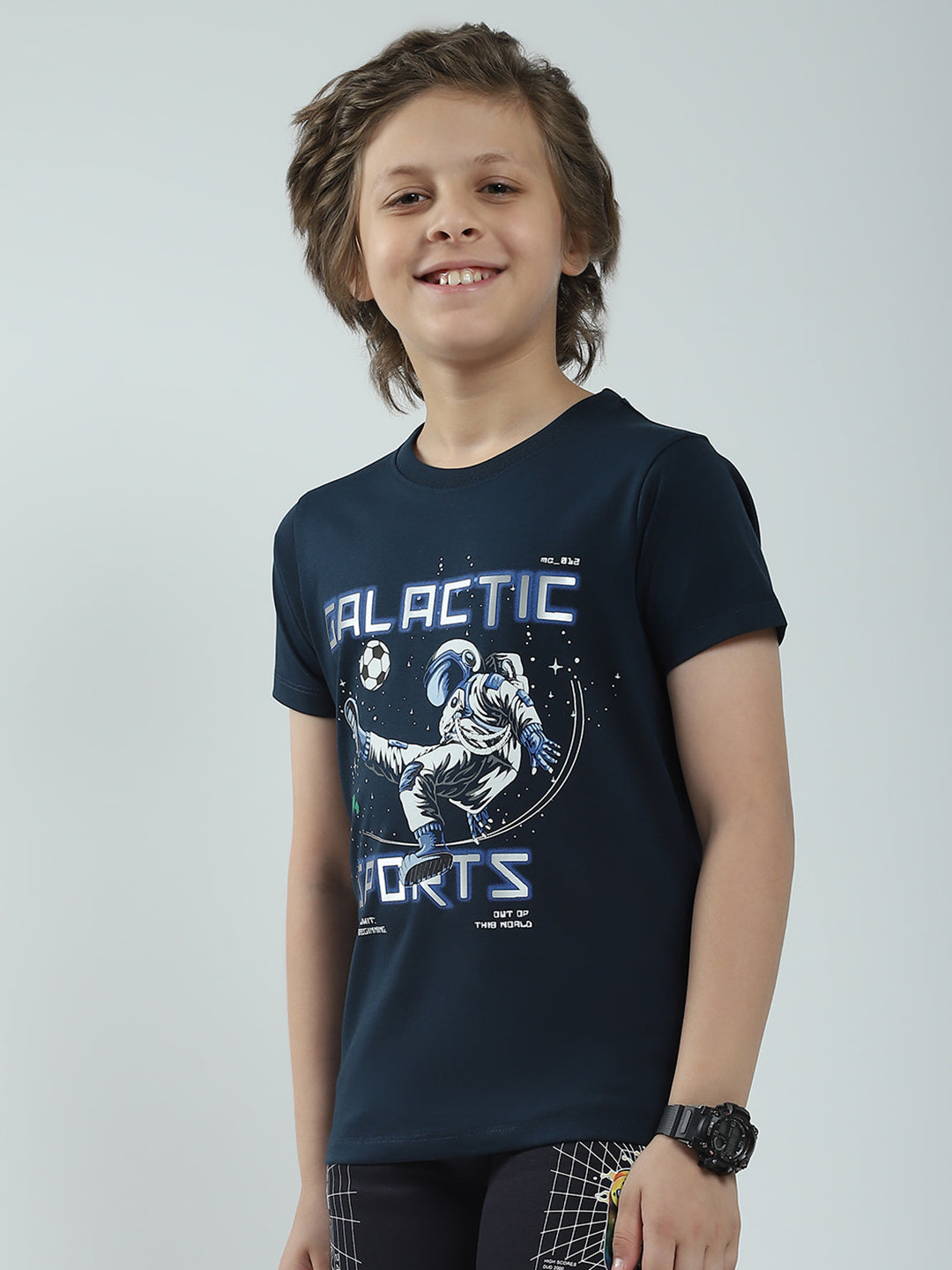 Boys Navy Blue Printed Round Neck Half Sleeve T-Shirt