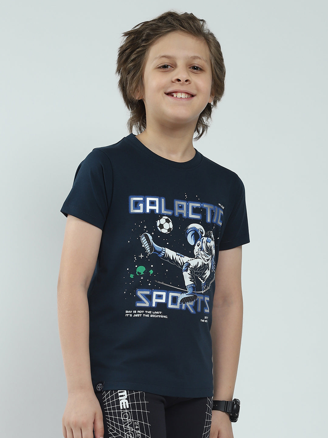 Boys Navy Blue Printed Round Neck Half Sleeve T-Shirt