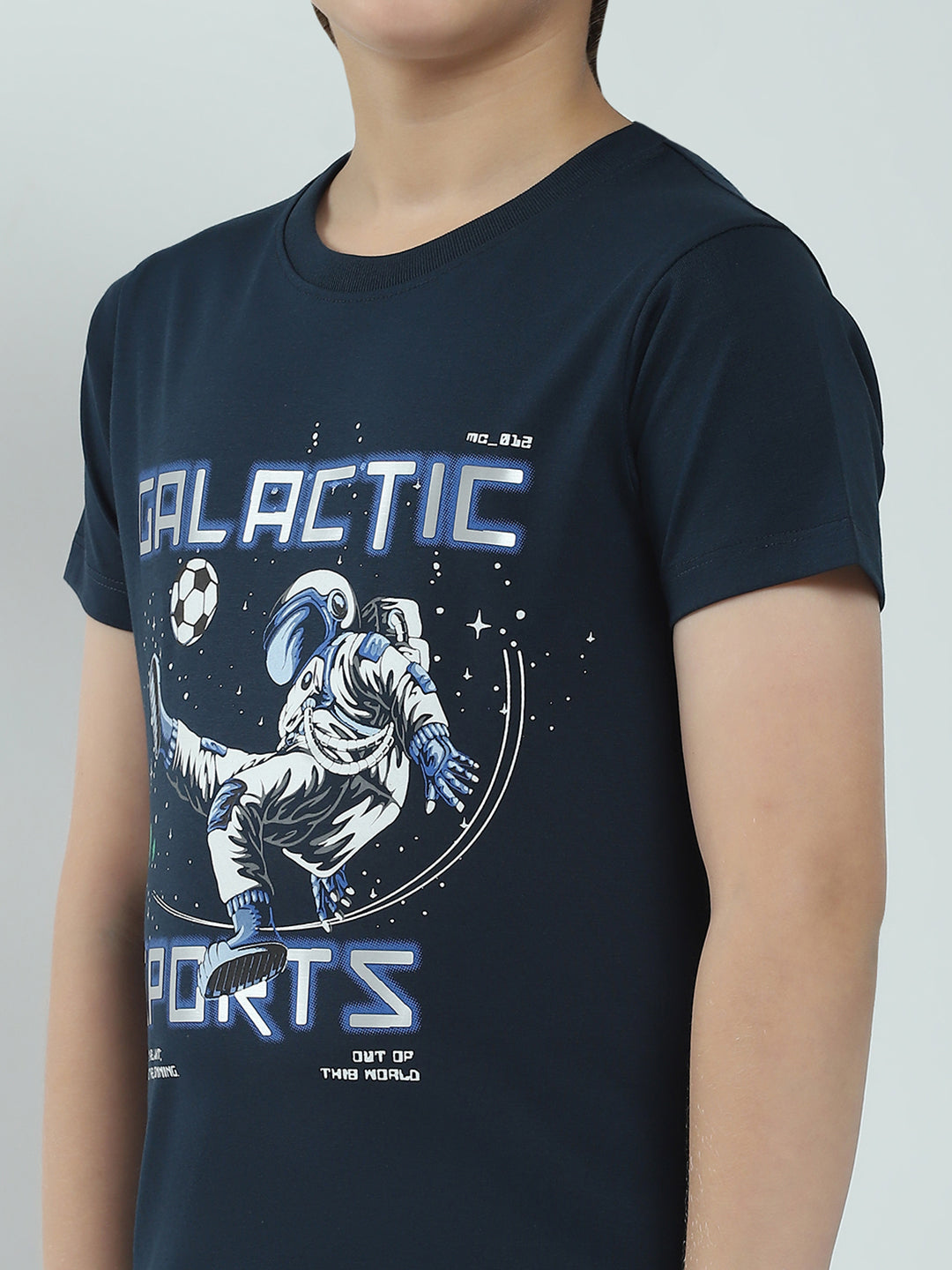 Boys Navy Blue Printed Round Neck Half Sleeve T-Shirt