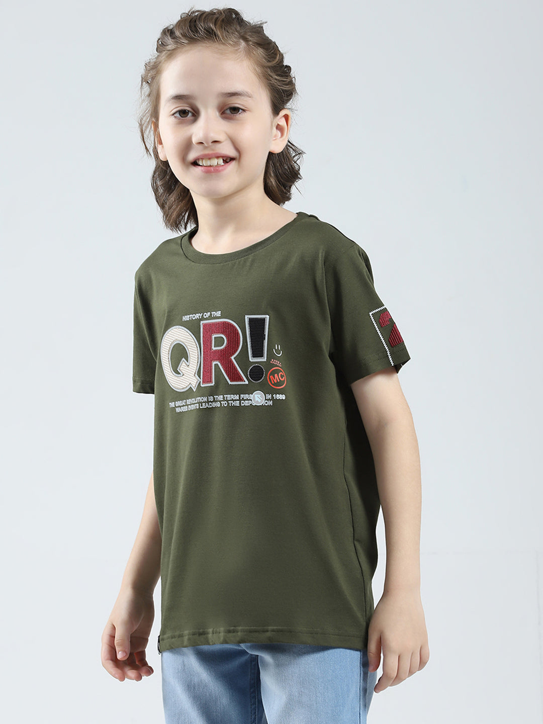 Boys Olive Printed Round Neck Half Sleeve T-Shirt