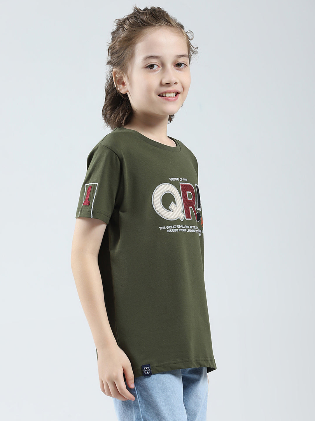 Boys Olive Printed Round Neck Half Sleeve T-Shirt