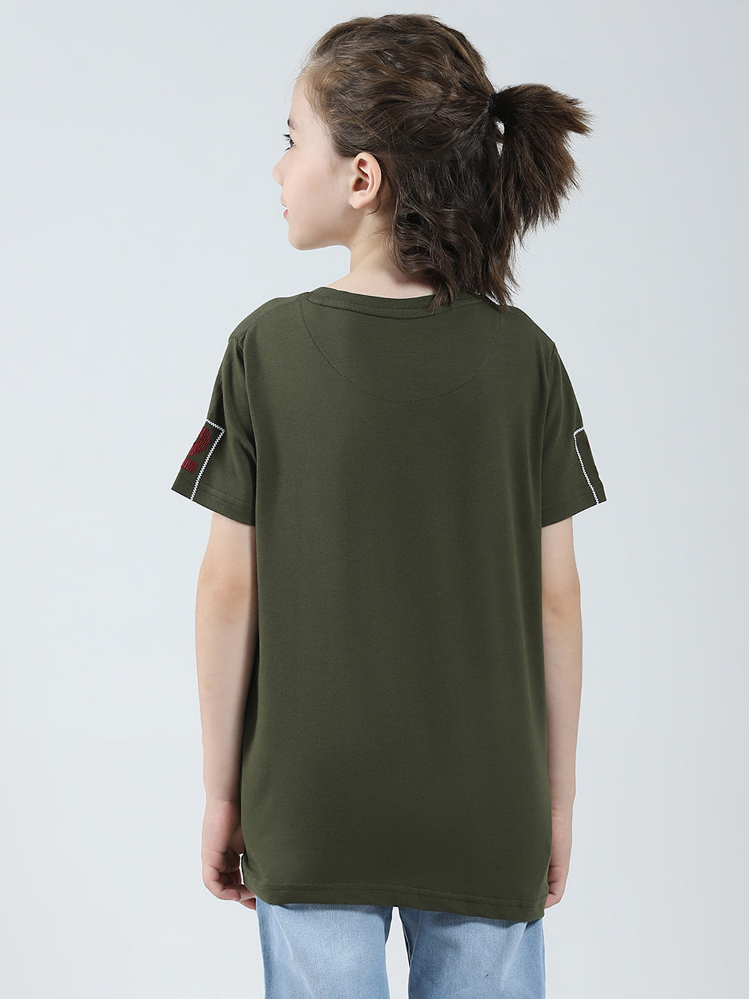 Boys Olive Printed Round Neck Half Sleeve T-Shirt