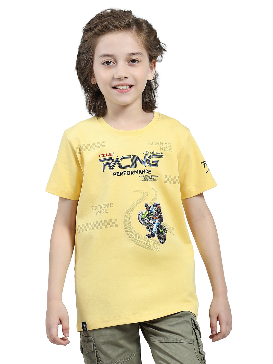Boys Yellow Printed Round Neck Half Sleeve T-Shirt