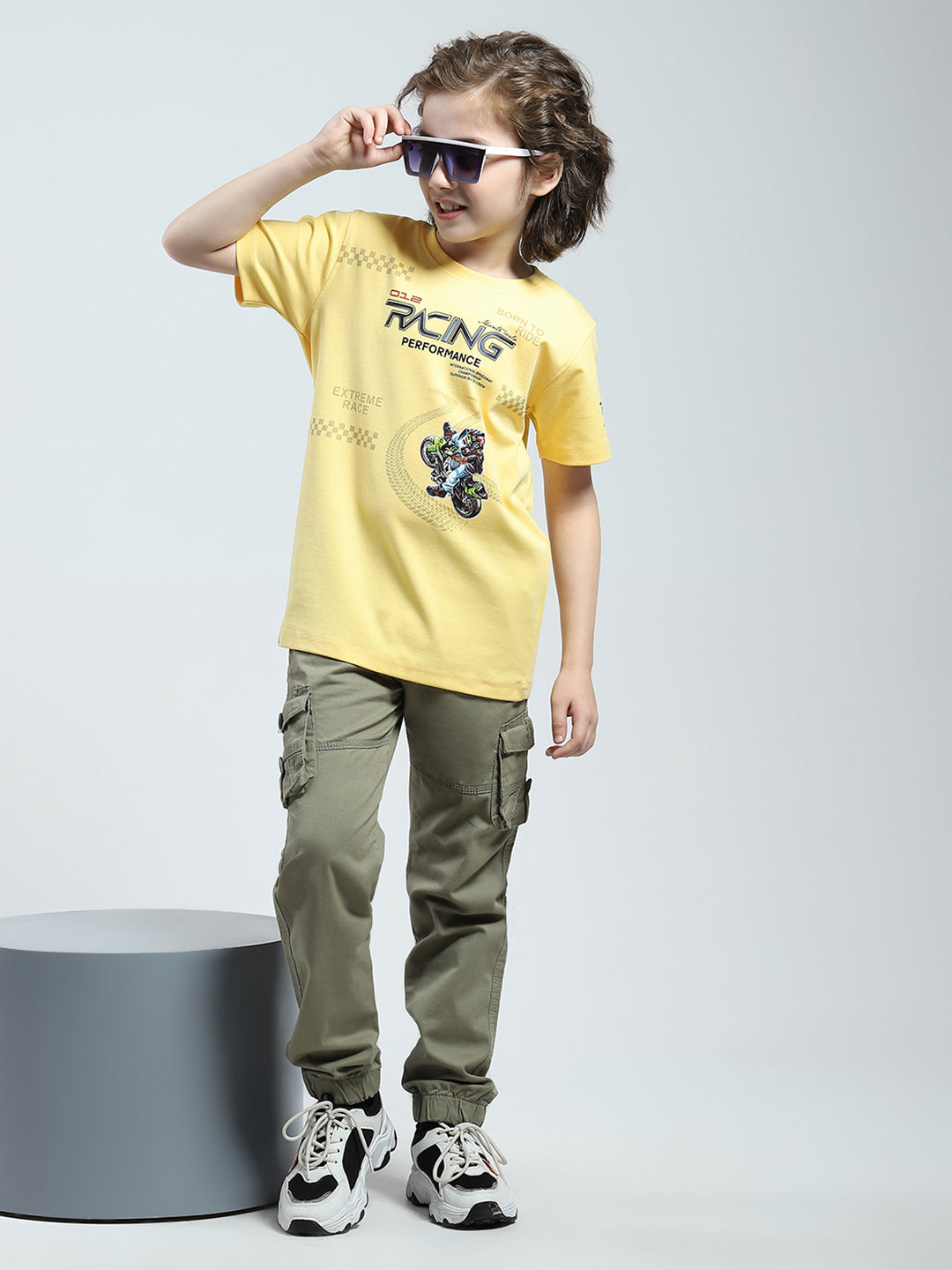 Boys Yellow Printed Round Neck Half Sleeve T-Shirt
