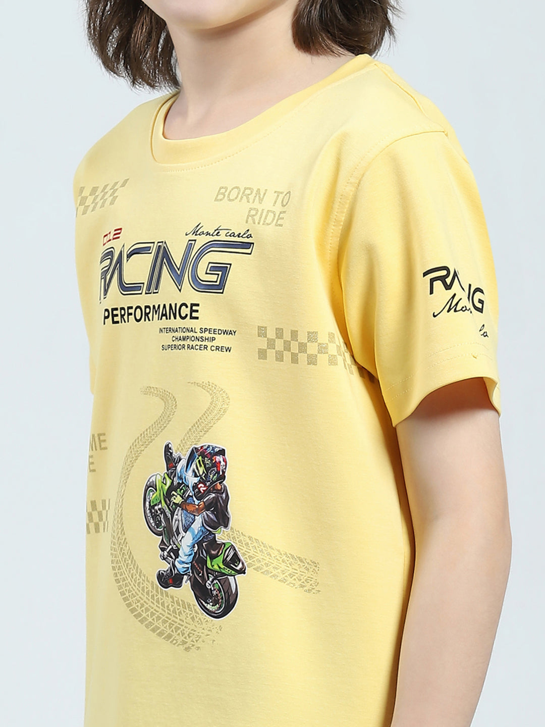Boys Yellow Printed Round Neck Half Sleeve T-Shirt
