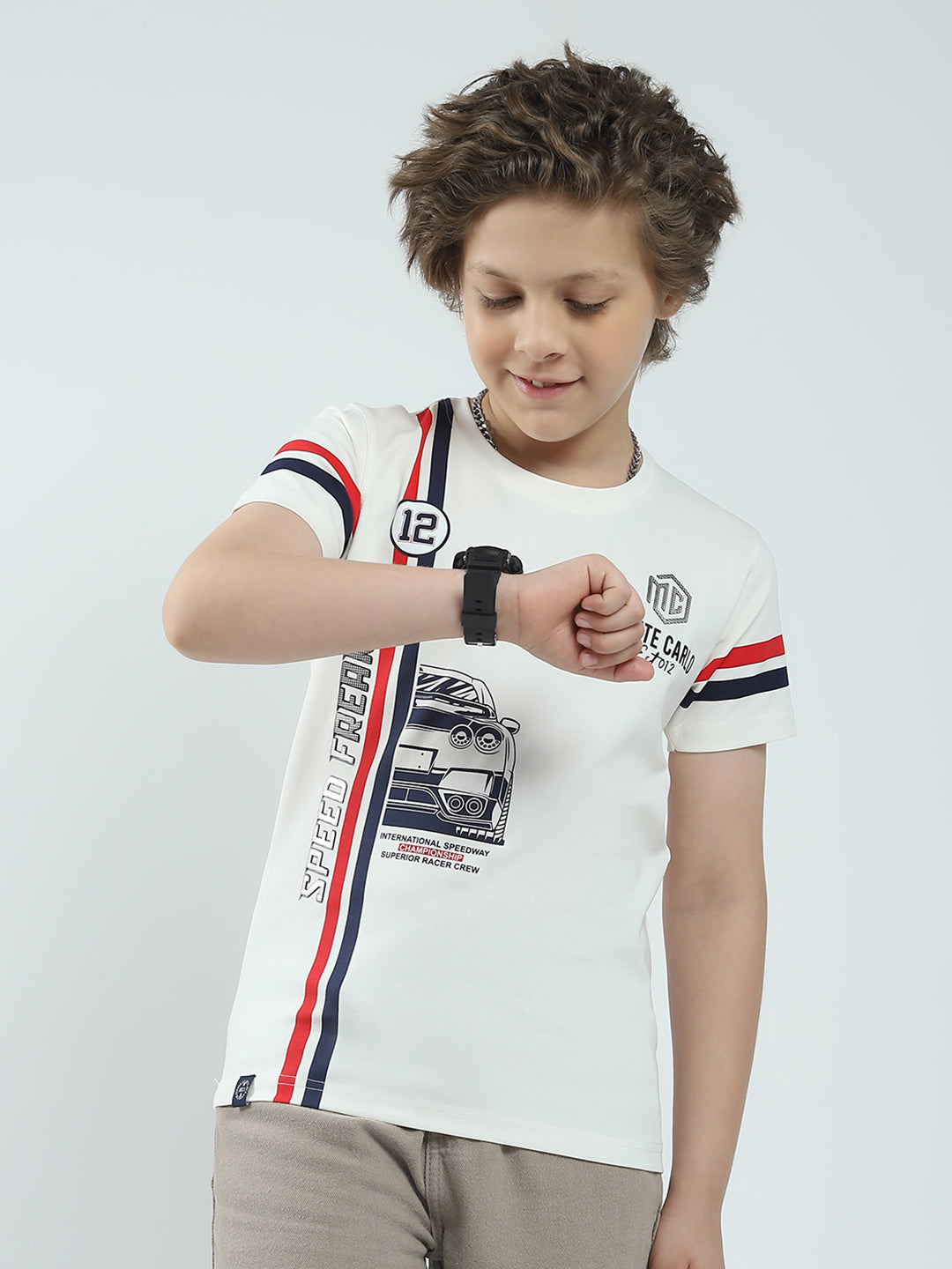 Boys White Printed Round Neck Half Sleeve T-Shirt