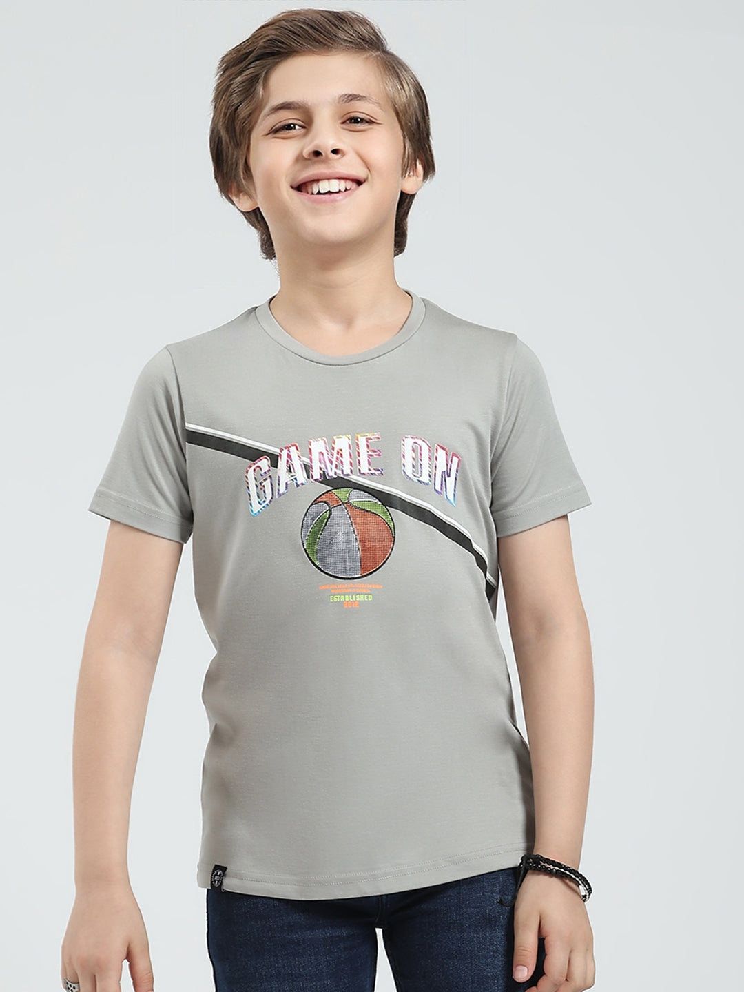 Boys Grey Printed Round Neck Half Sleeve T-Shirt