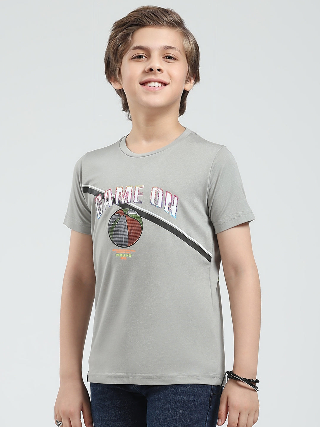 Boys Grey Printed Round Neck Half Sleeve T-Shirt