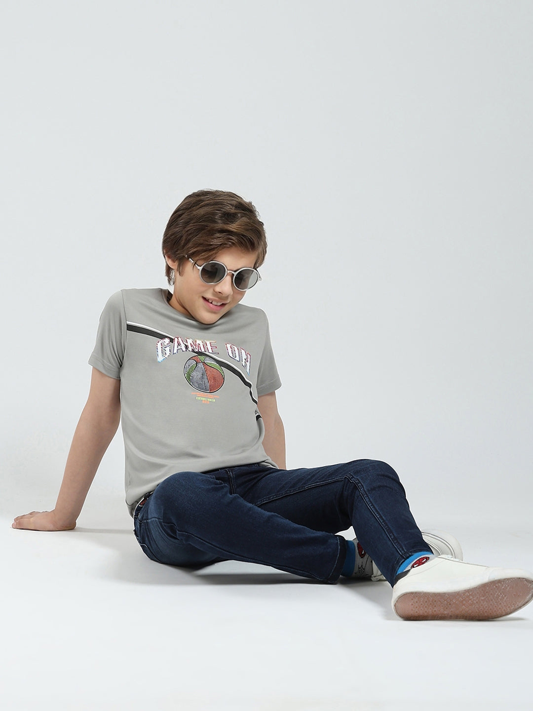 Boys Grey Printed Round Neck Half Sleeve T-Shirt