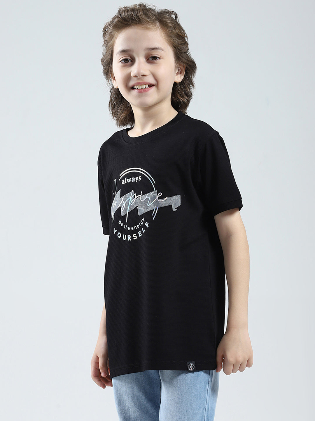 Boys Black Printed Round Neck Half Sleeve T-Shirt