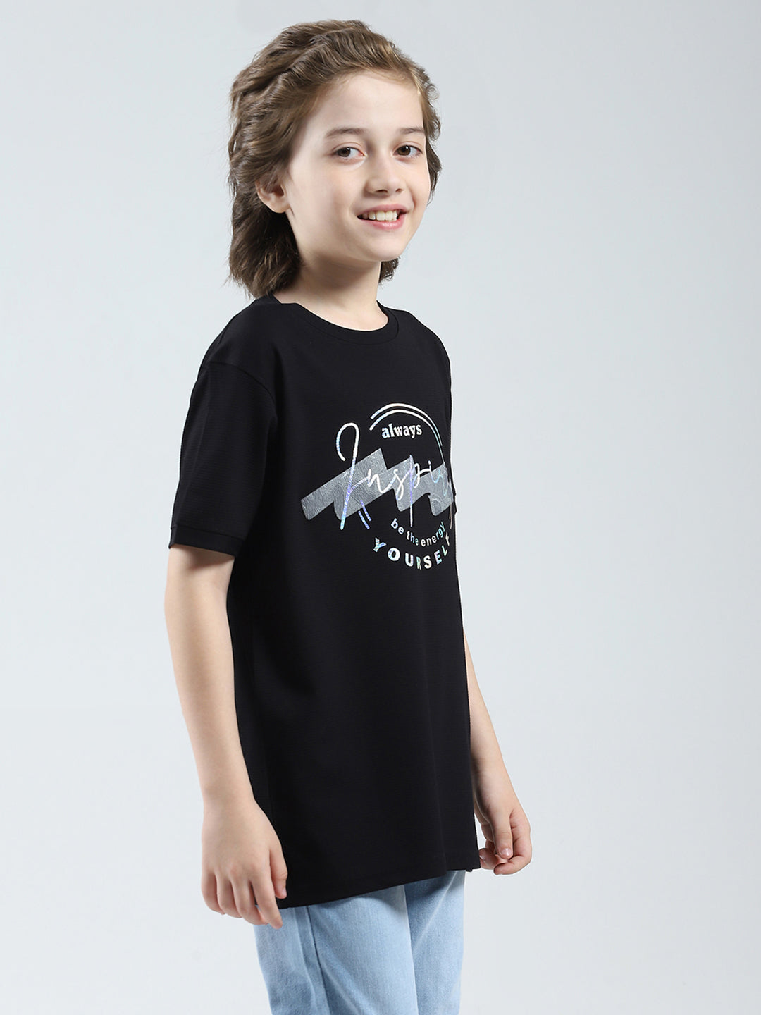 Boys Black Printed Round Neck Half Sleeve T-Shirt