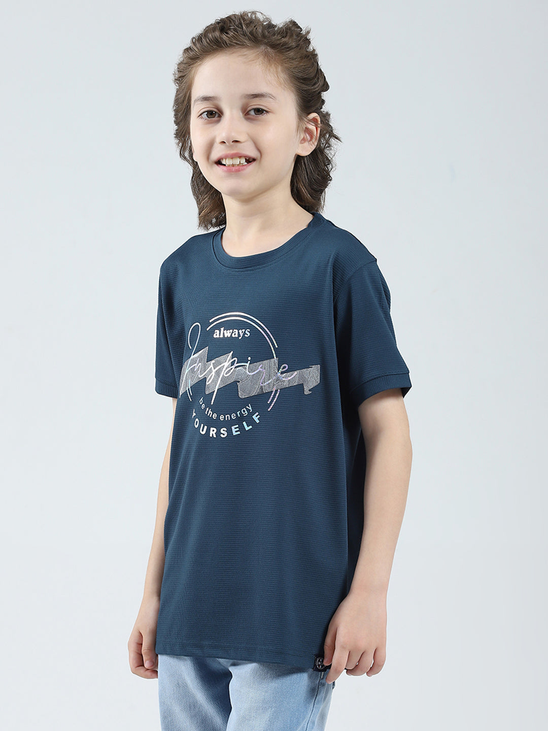 Boys Teal Blue Printed Round Neck Half Sleeve T-Shirt