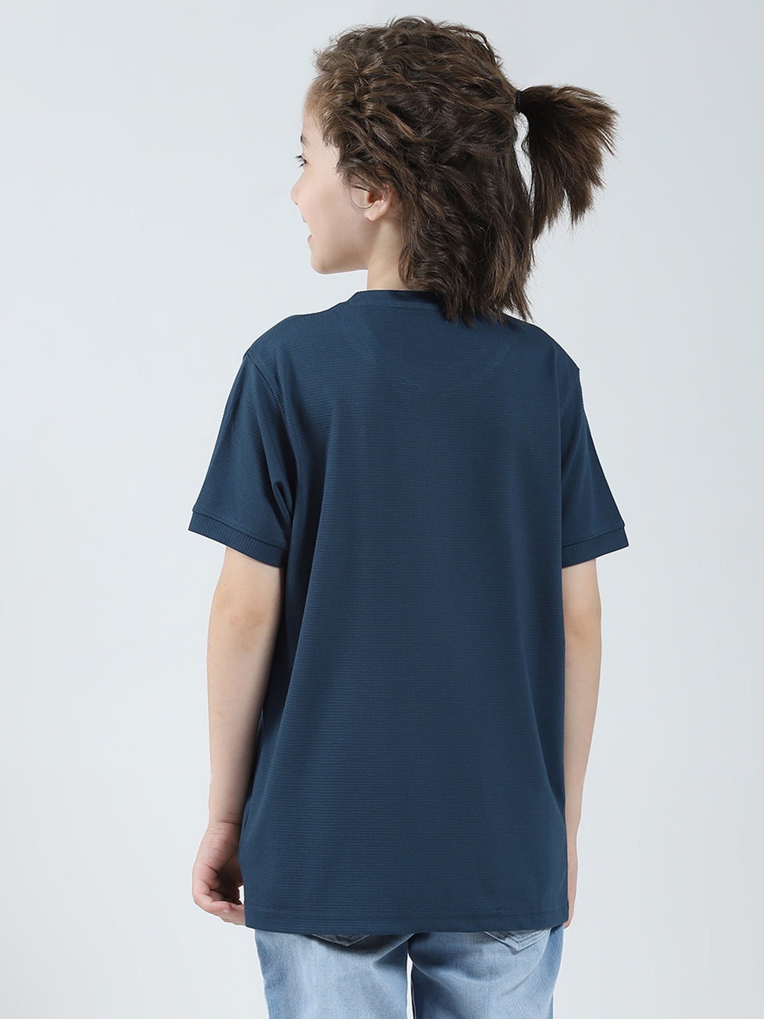 Boys Teal Blue Printed Round Neck Half Sleeve T-Shirt