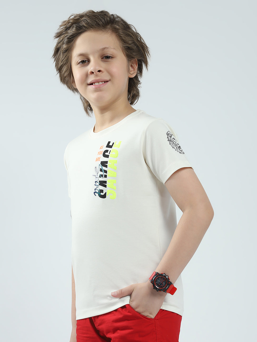 Boys White Printed Round Neck Half Sleeve T-Shirt