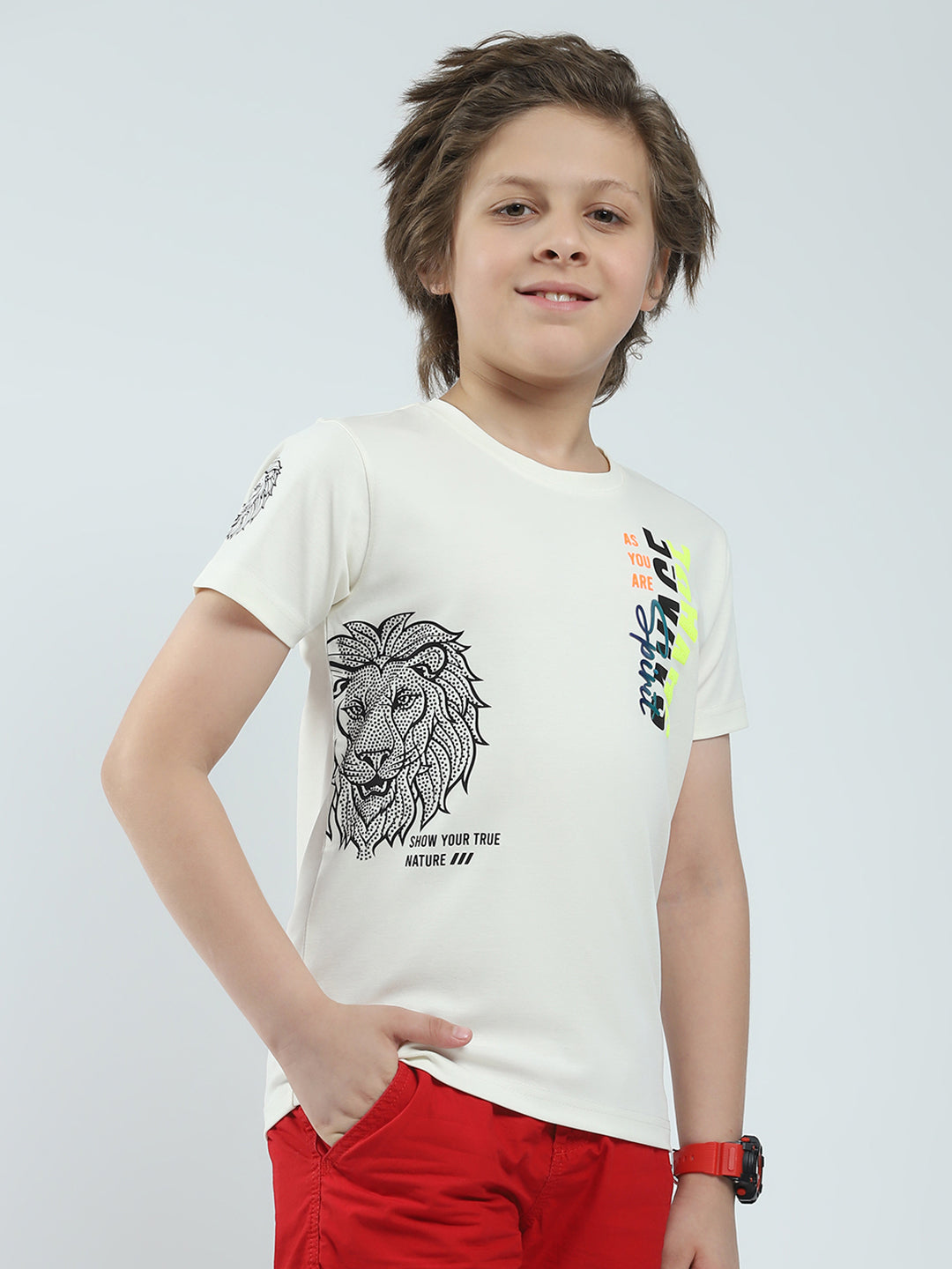Boys White Printed Round Neck Half Sleeve T-Shirt