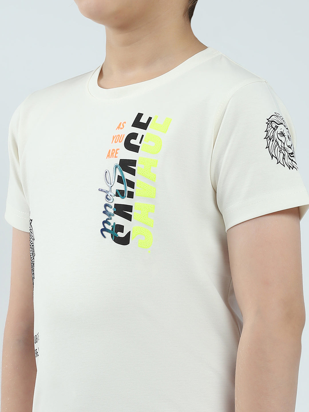 Boys White Printed Round Neck Half Sleeve T-Shirt