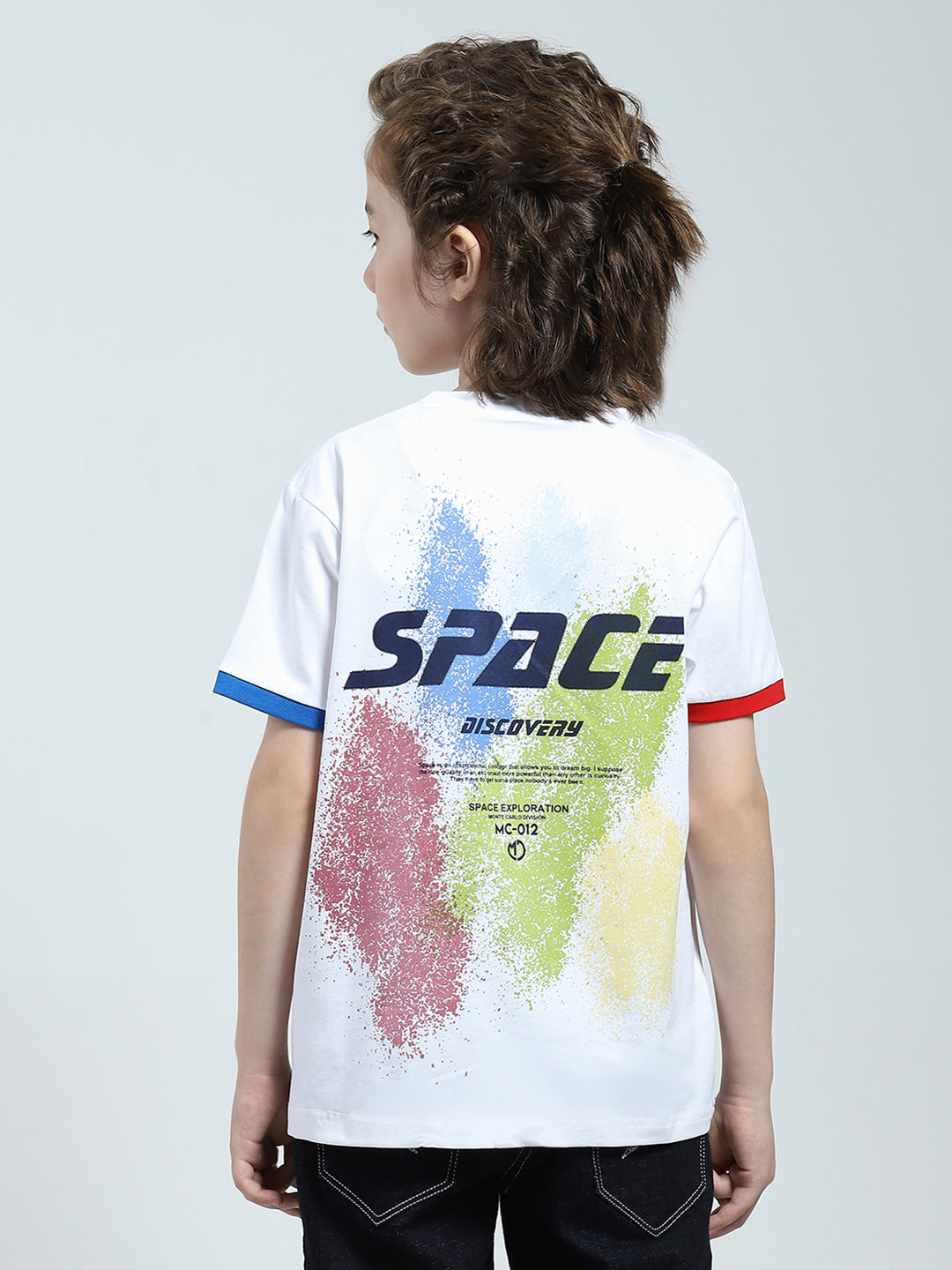 Boys White Printed Round Neck Half Sleeve T-Shirt