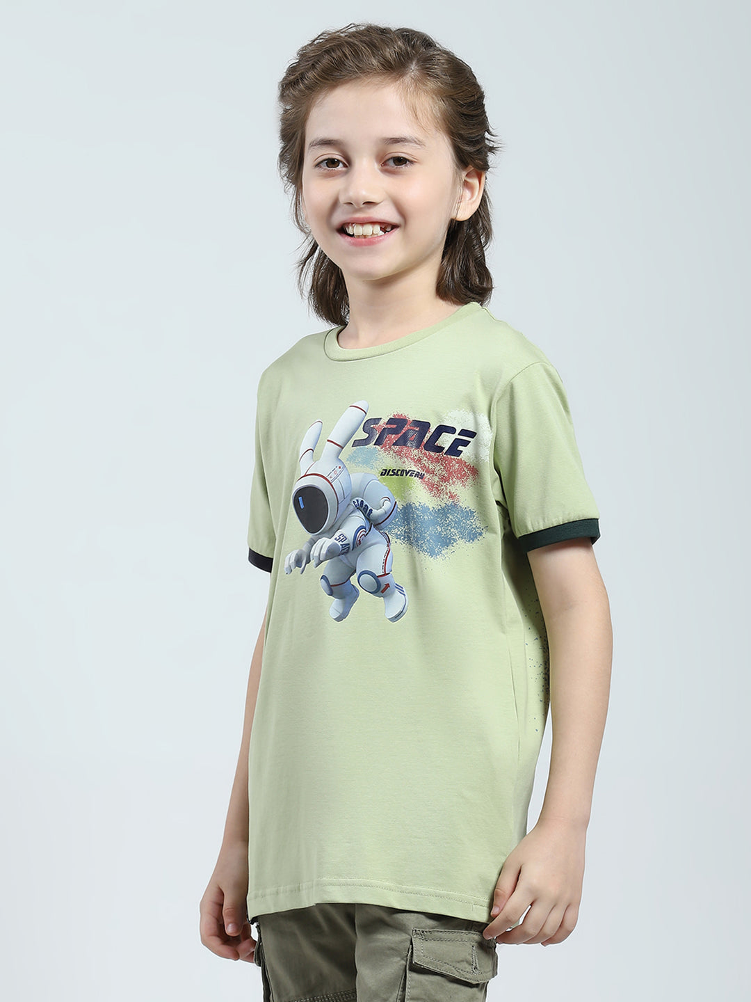 Boys Green Printed Round Neck Half Sleeve T-Shirt