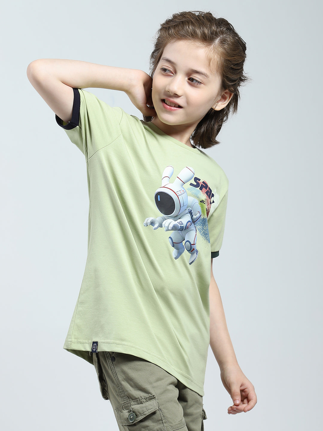 Boys Green Printed Round Neck Half Sleeve T-Shirt