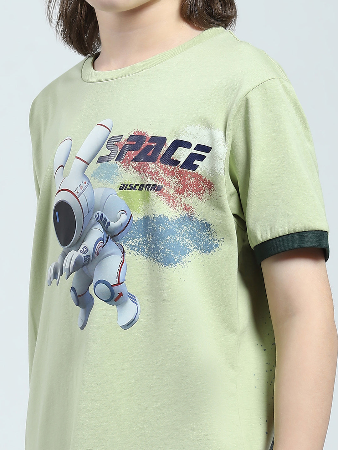 Boys Green Printed Round Neck Half Sleeve T-Shirt