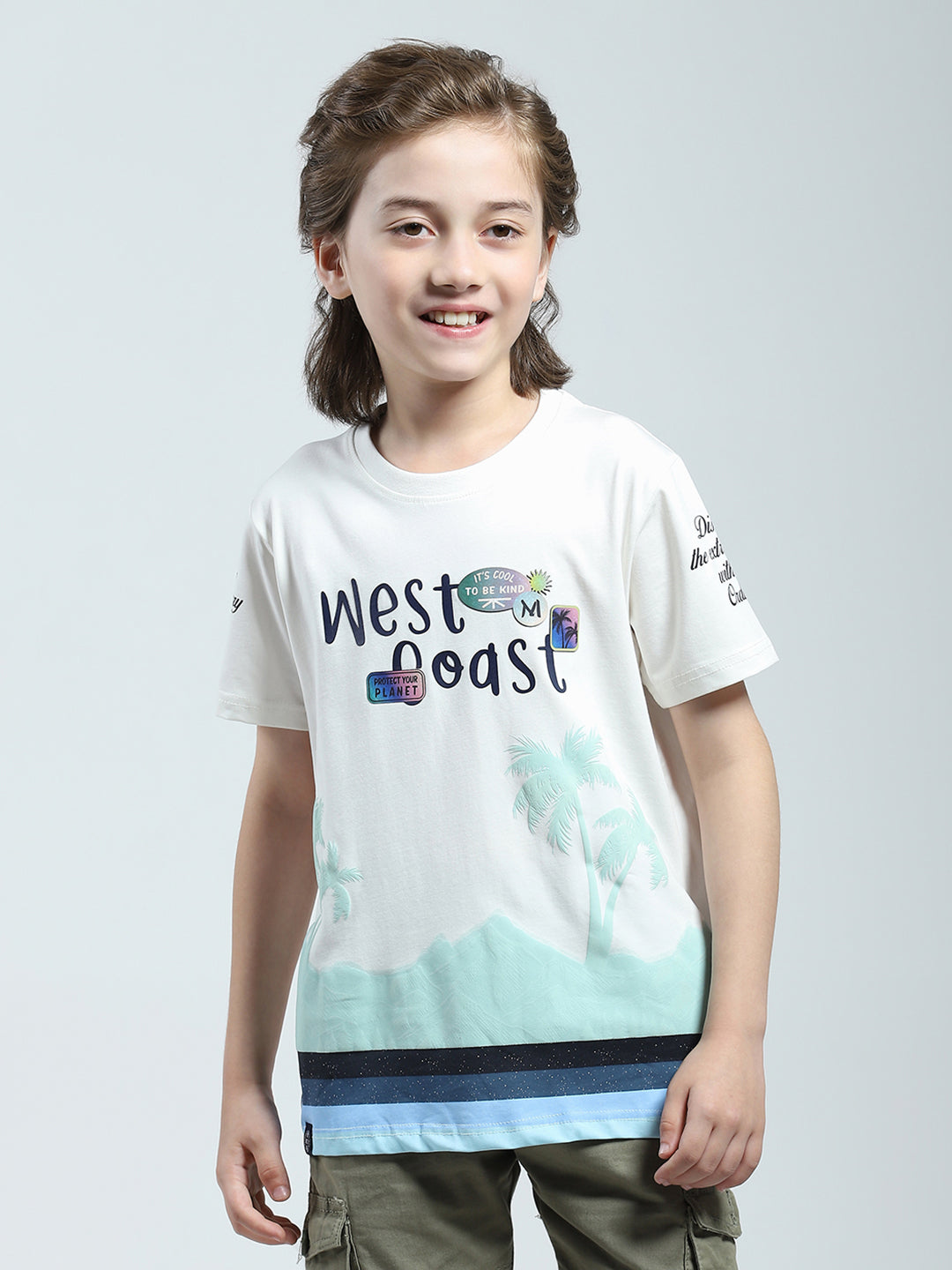 Boys White Printed Round Neck Half Sleeve T-Shirt