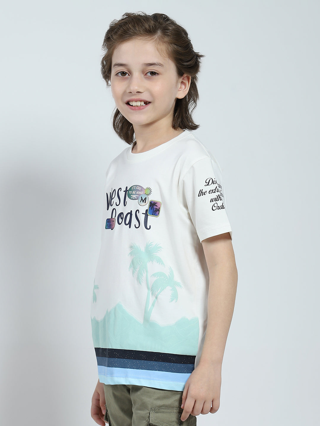 Boys White Printed Round Neck Half Sleeve T-Shirt