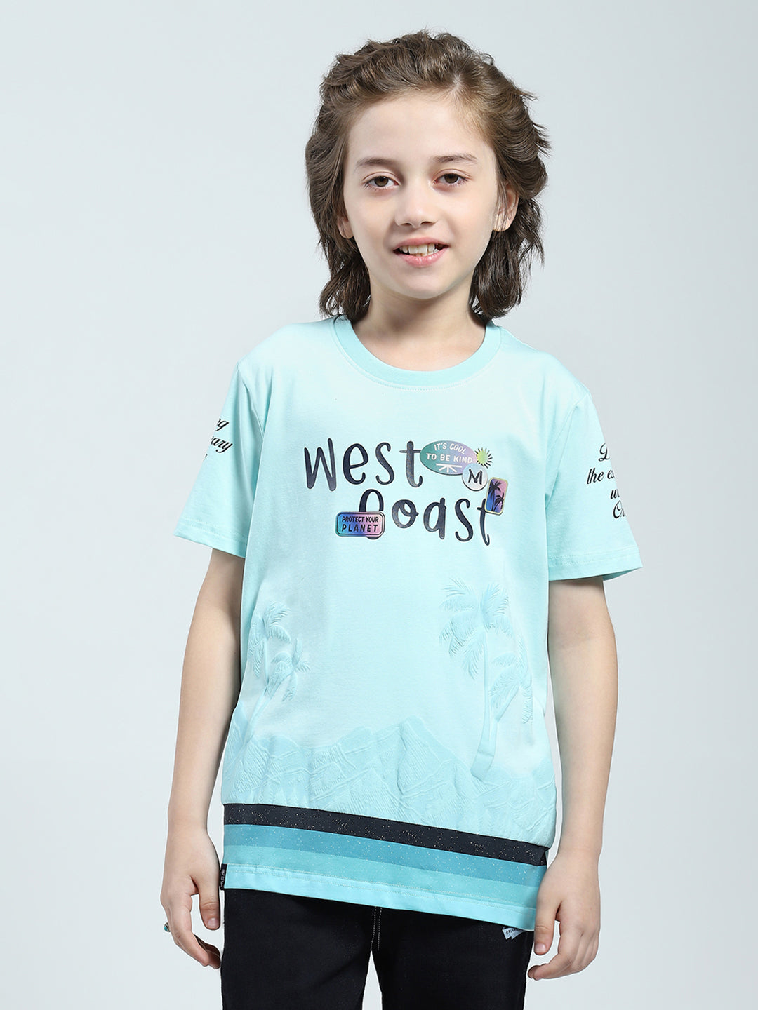 Boys Blue Printed Round Neck Half Sleeve T-Shirt