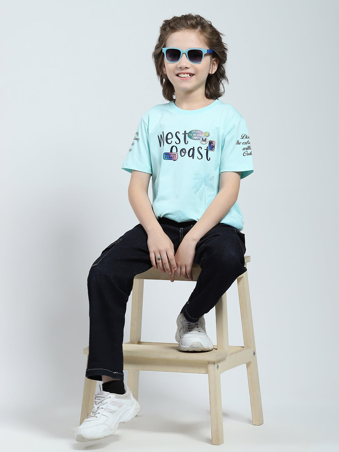 Boys Blue Printed Round Neck Half Sleeve T-Shirt