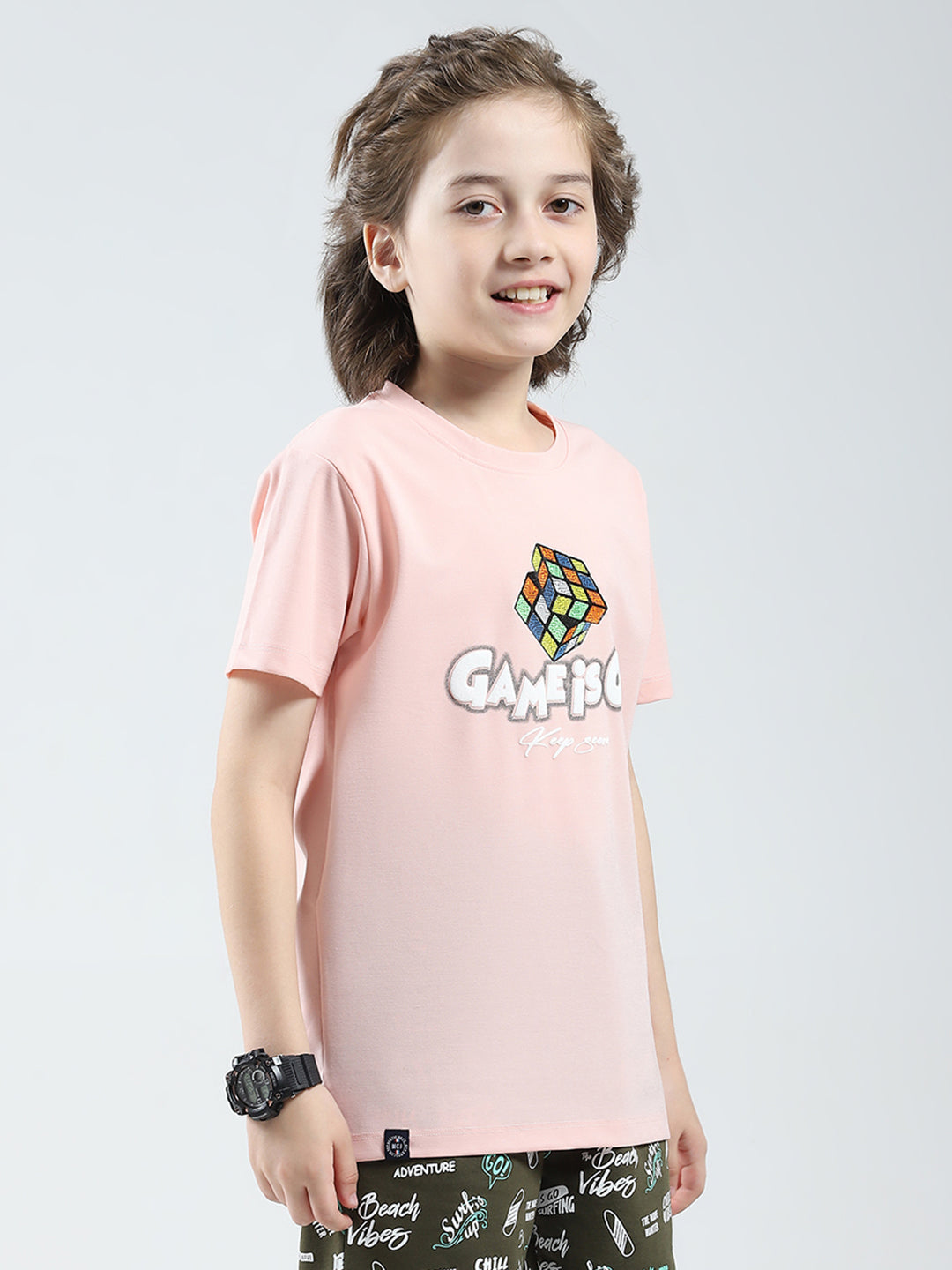 Boys Peach Printed Round Neck Half Sleeve T-Shirt