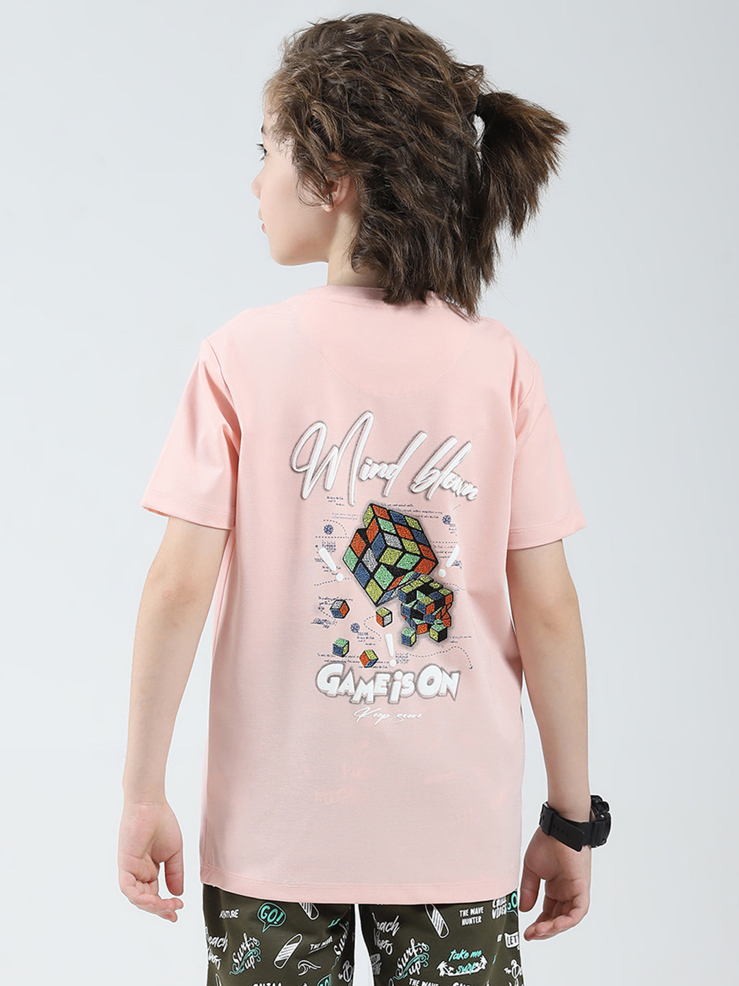 Boys Peach Printed Round Neck Half Sleeve T-Shirt